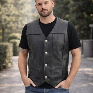Classic Black Leather Motorcycle Vest with V-Neck